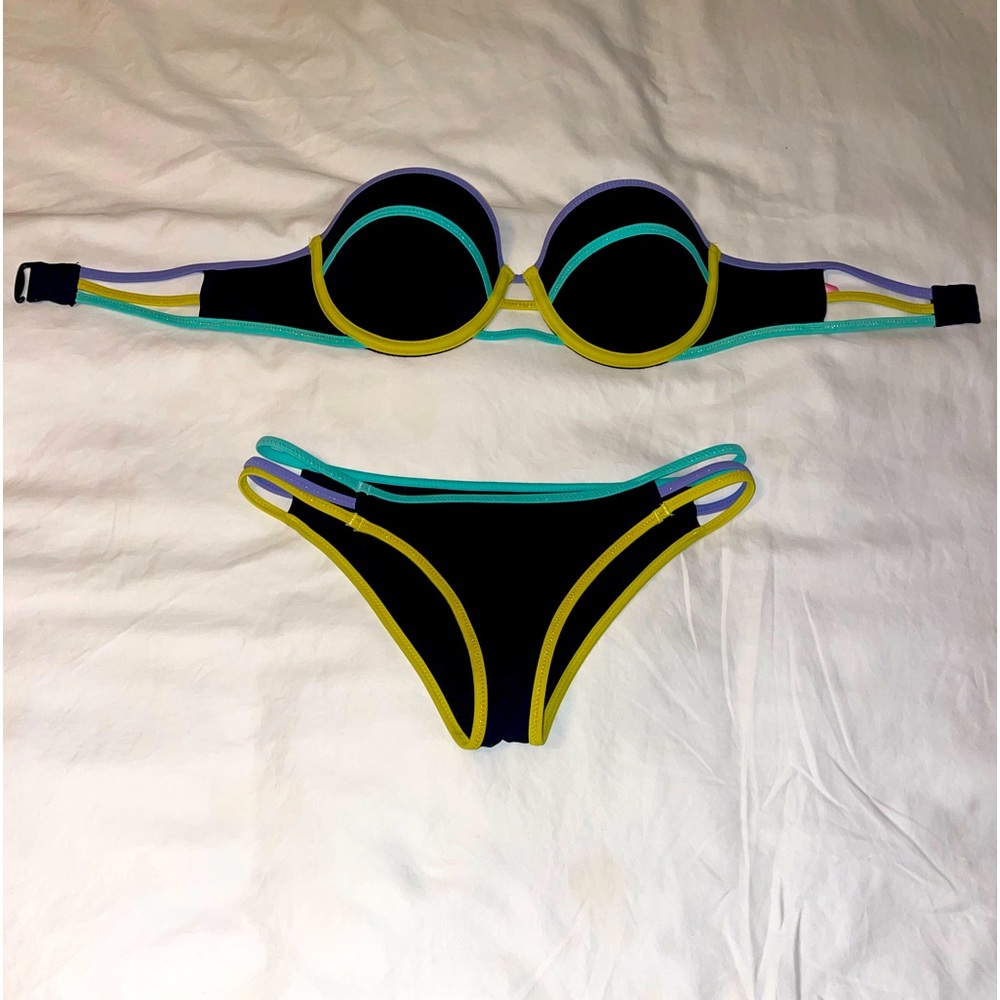 Victorias Secret 32C Bikini Top Strapless Flirt Bandeau Black Blue Yellow #0325
